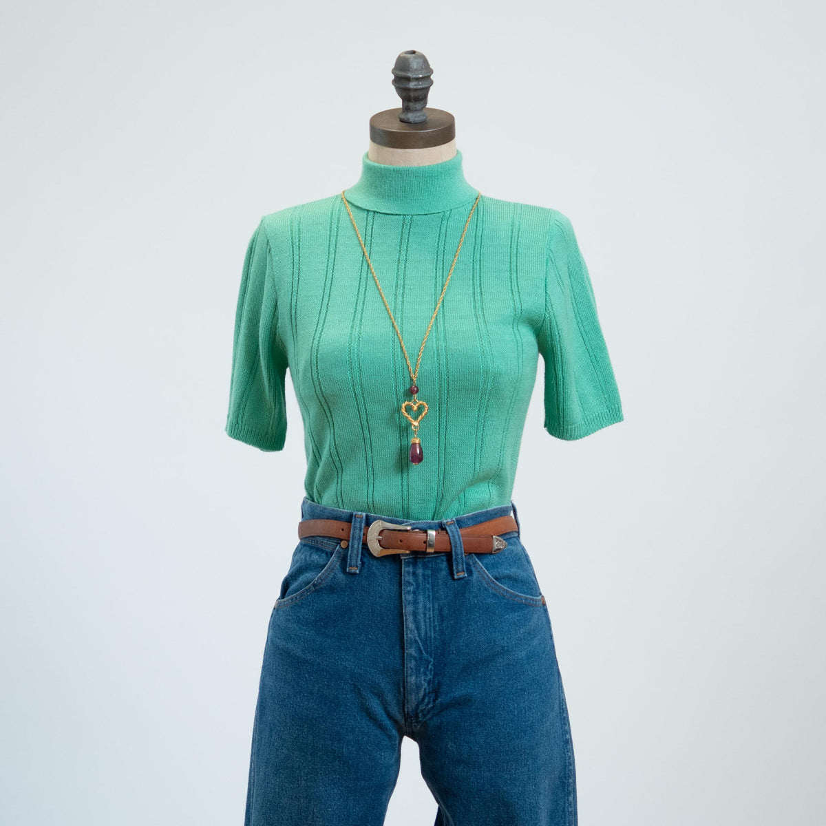 Vintage 70s Mint Knit Turtleneck Top - Extra Small | Short Sleeve Ribbed Shirt