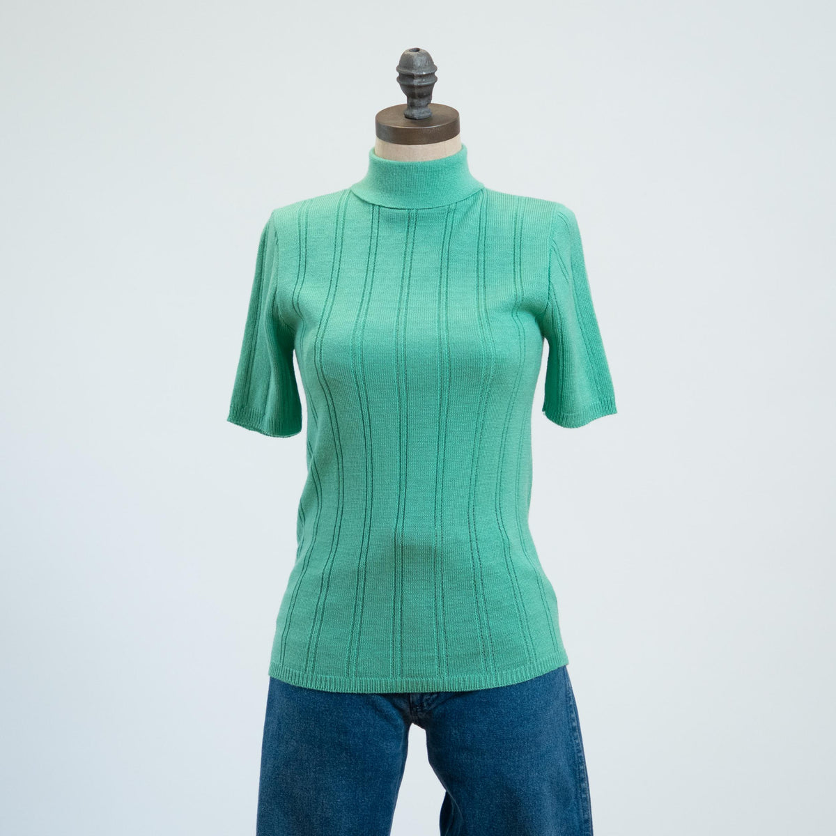 Vintage 70s Mint Knit Turtleneck Top - Extra Small | Short Sleeve Ribbed Shirt