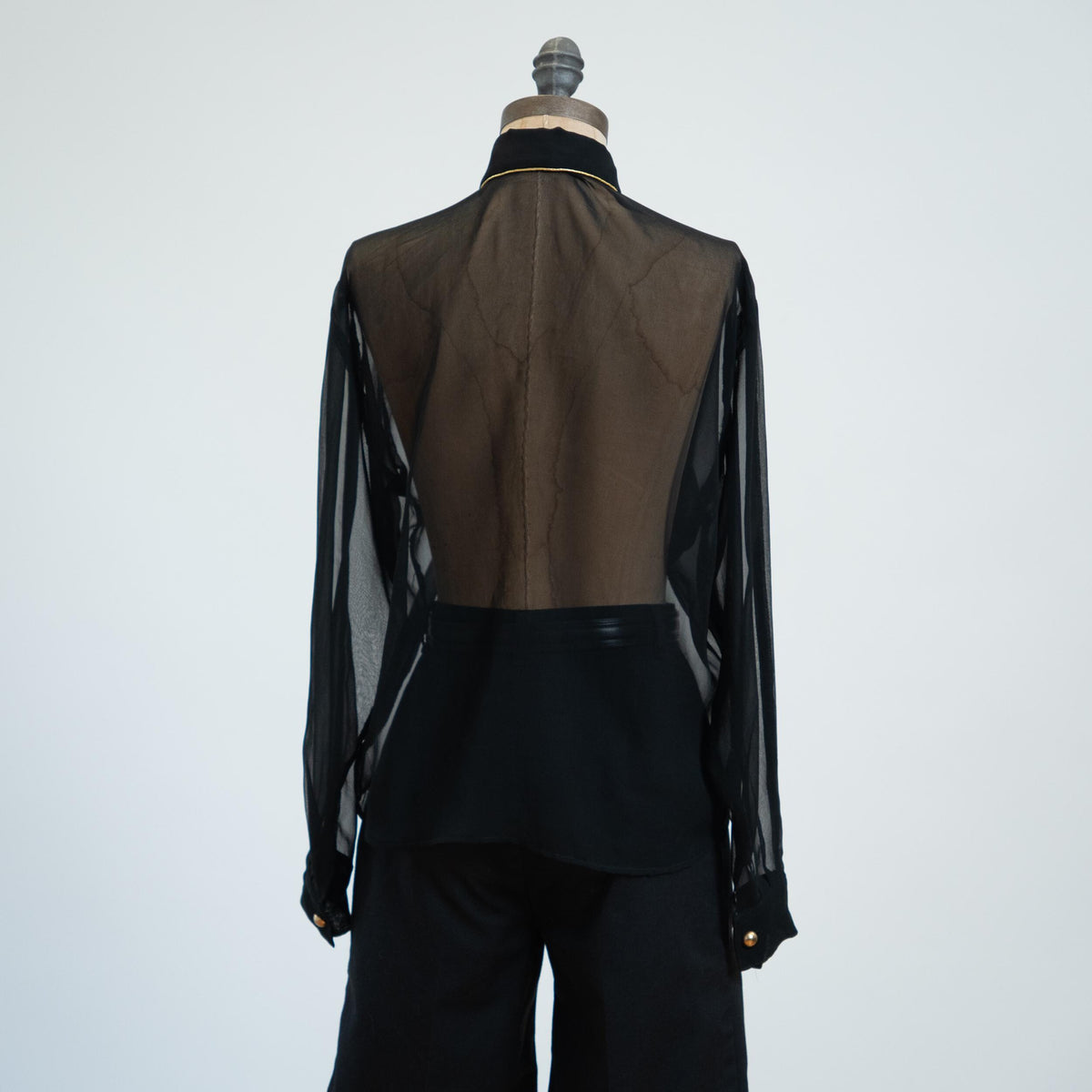 Vintage 80s Sheer Black Gold Trim Blouse - Medium | Goth Button Up Long Sleeve Collared Top