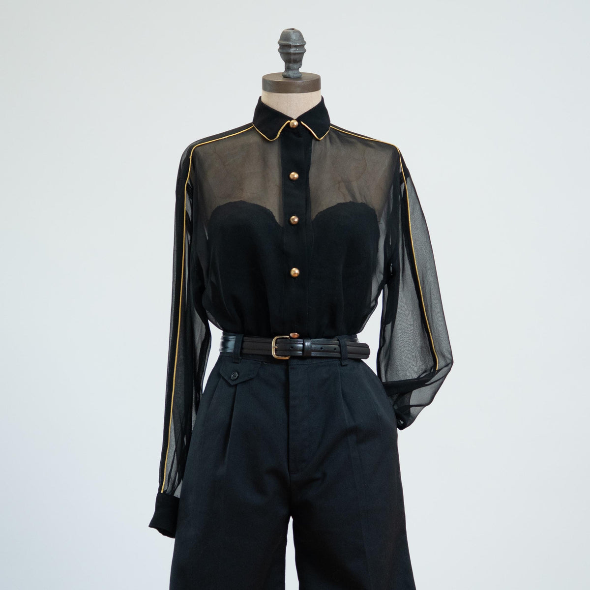 Vintage 80s Sheer Black Gold Trim Blouse - Medium | Goth Button Up Long Sleeve Collared Top