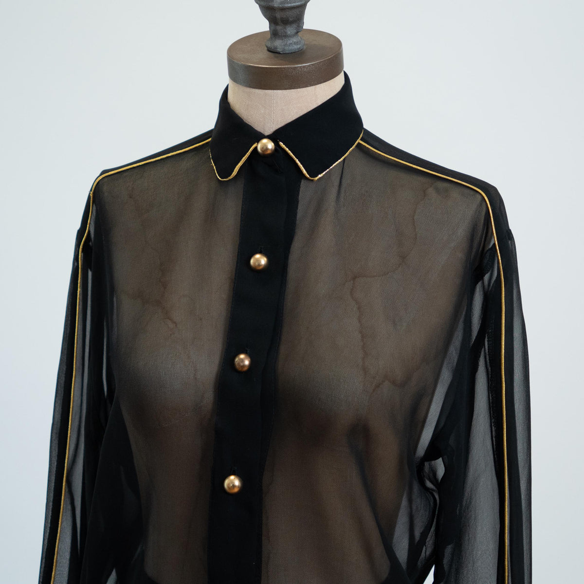 Vintage 80s Sheer Black Gold Trim Blouse - Medium | Goth Button Up Long Sleeve Collared Top