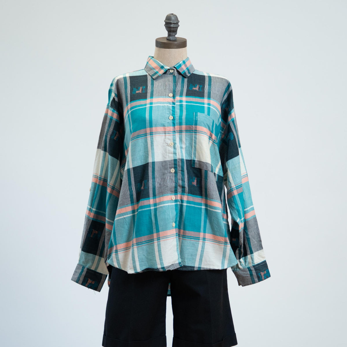 Vintage 80s Blue Madras Plaid Roll Tab Sleeve Shirt - Medium | Deadstock Button Up Cotton Blouse
