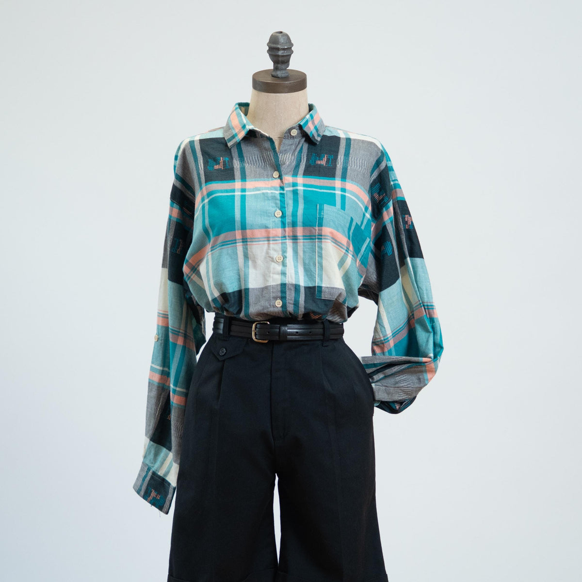 Vintage 80s Blue Madras Plaid Roll Tab Sleeve Shirt - Medium | Deadstock Button Up Cotton Blouse