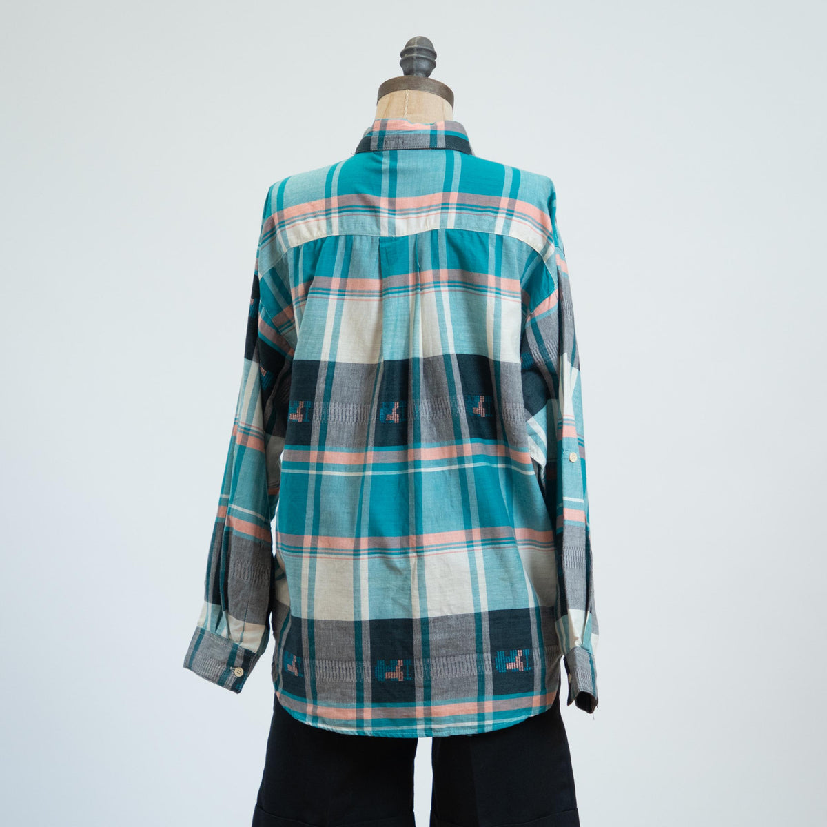 Vintage 80s Blue Madras Plaid Roll Tab Sleeve Shirt - Medium | Deadstock Button Up Cotton Blouse