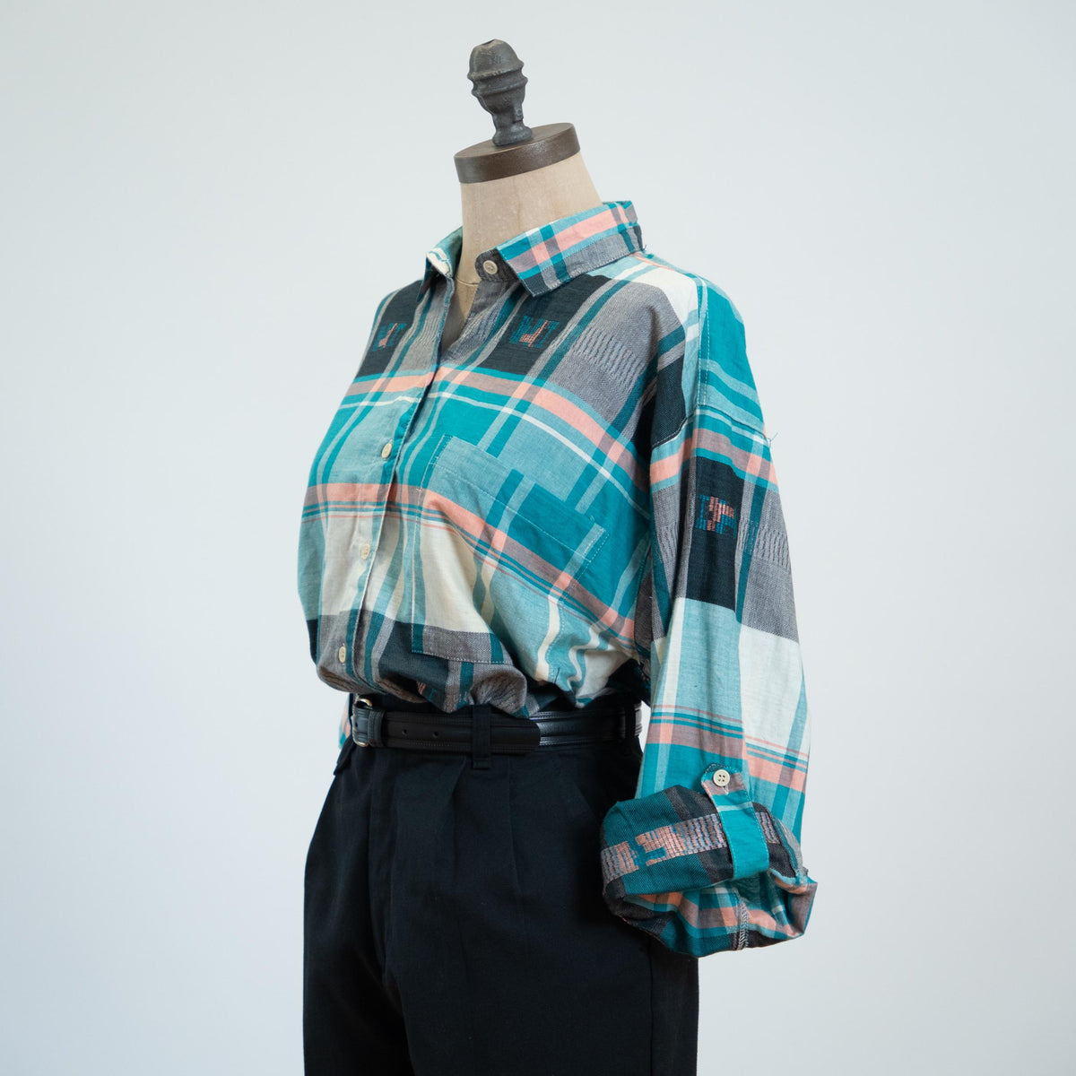 Vintage 80s Blue Madras Plaid Roll Tab Sleeve Shirt - Medium | Deadstock Button Up Cotton Blouse