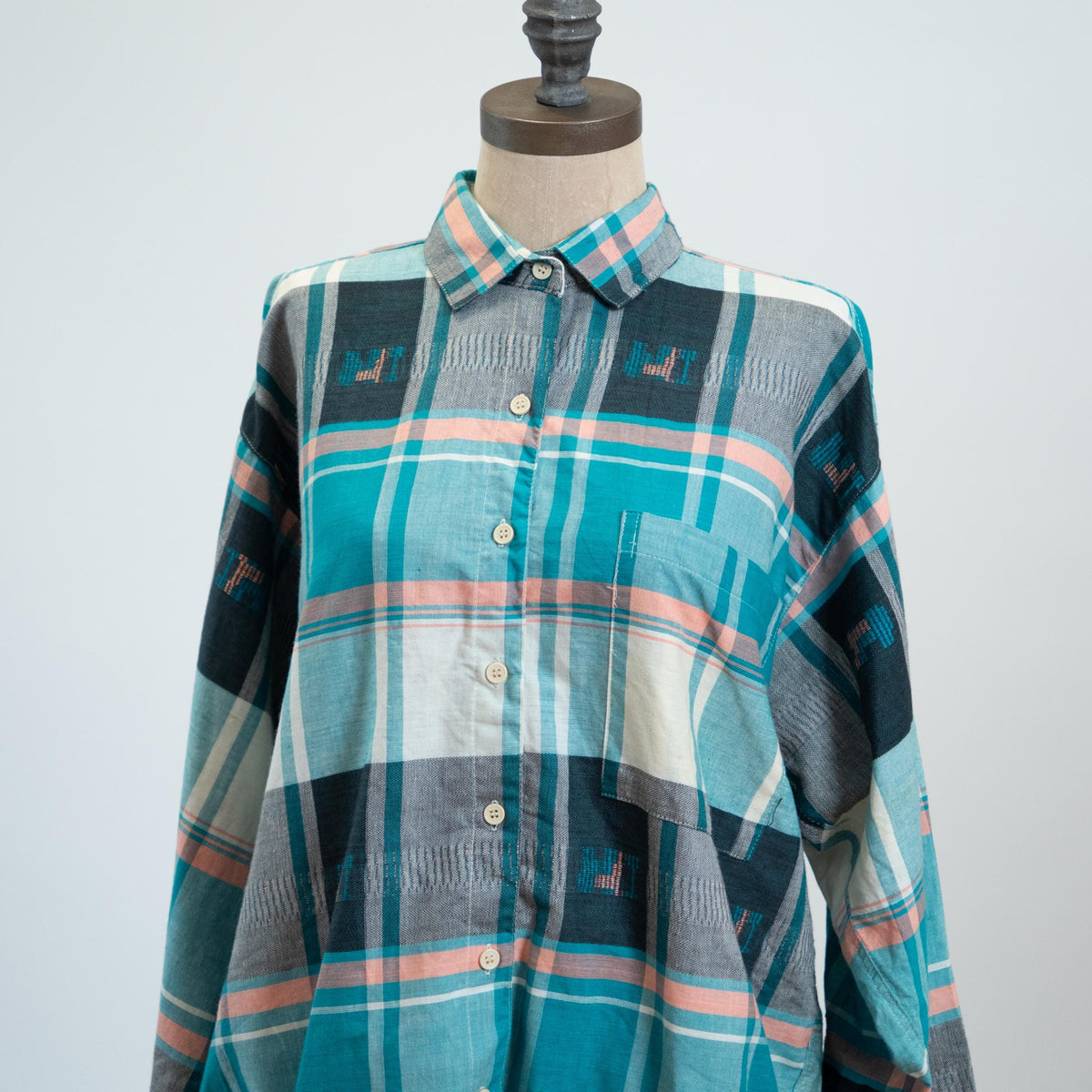 Vintage 80s Blue Madras Plaid Roll Tab Sleeve Shirt - Medium | Deadstock Button Up Cotton Blouse