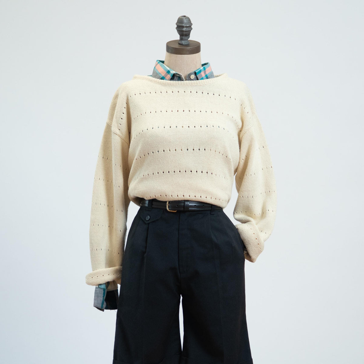 Vintage 90s Cream Eyelet Knit Longline Sweater - Medium | Cotton Boatneck Pullover