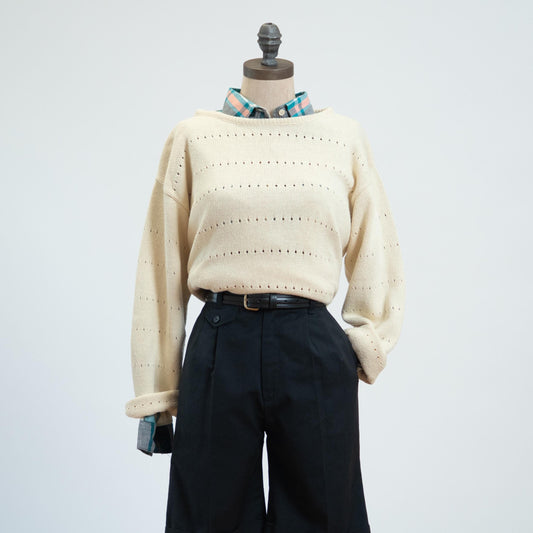 Vintage 90s Cream Eyelet Knit Longline Sweater - Medium | Cotton Boatneck Pullover