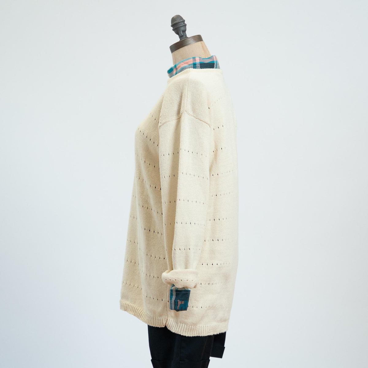 Vintage 90s Cream Eyelet Knit Longline Sweater - Medium | Cotton Boatneck Pullover