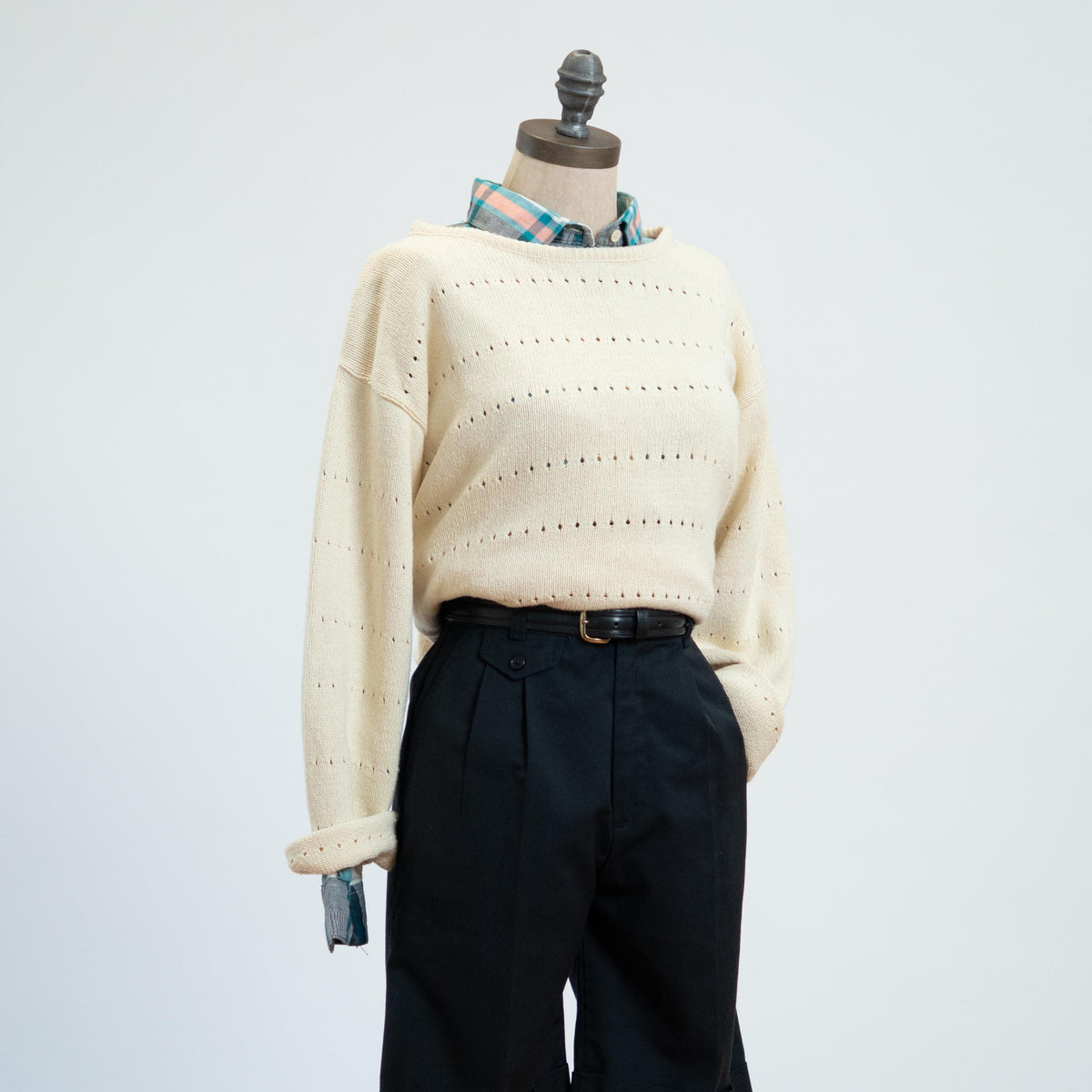 Vintage 90s Cream Eyelet Knit Longline Sweater - Medium | Cotton Boatneck Pullover