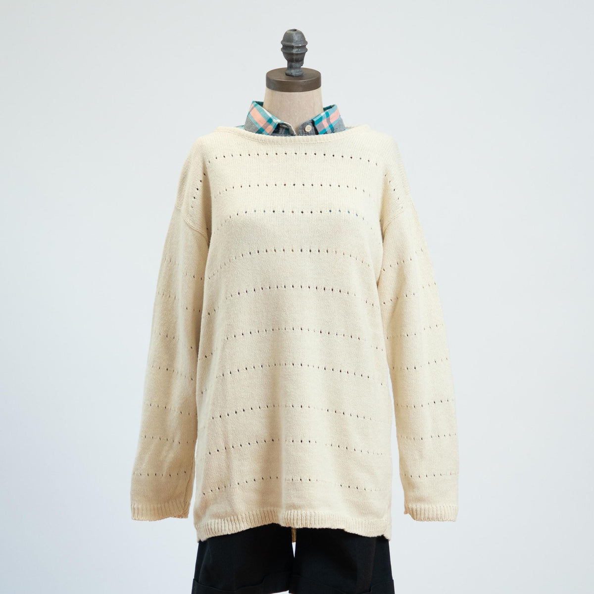 Vintage 90s Cream Eyelet Knit Longline Sweater - Medium | Cotton Boatneck Pullover