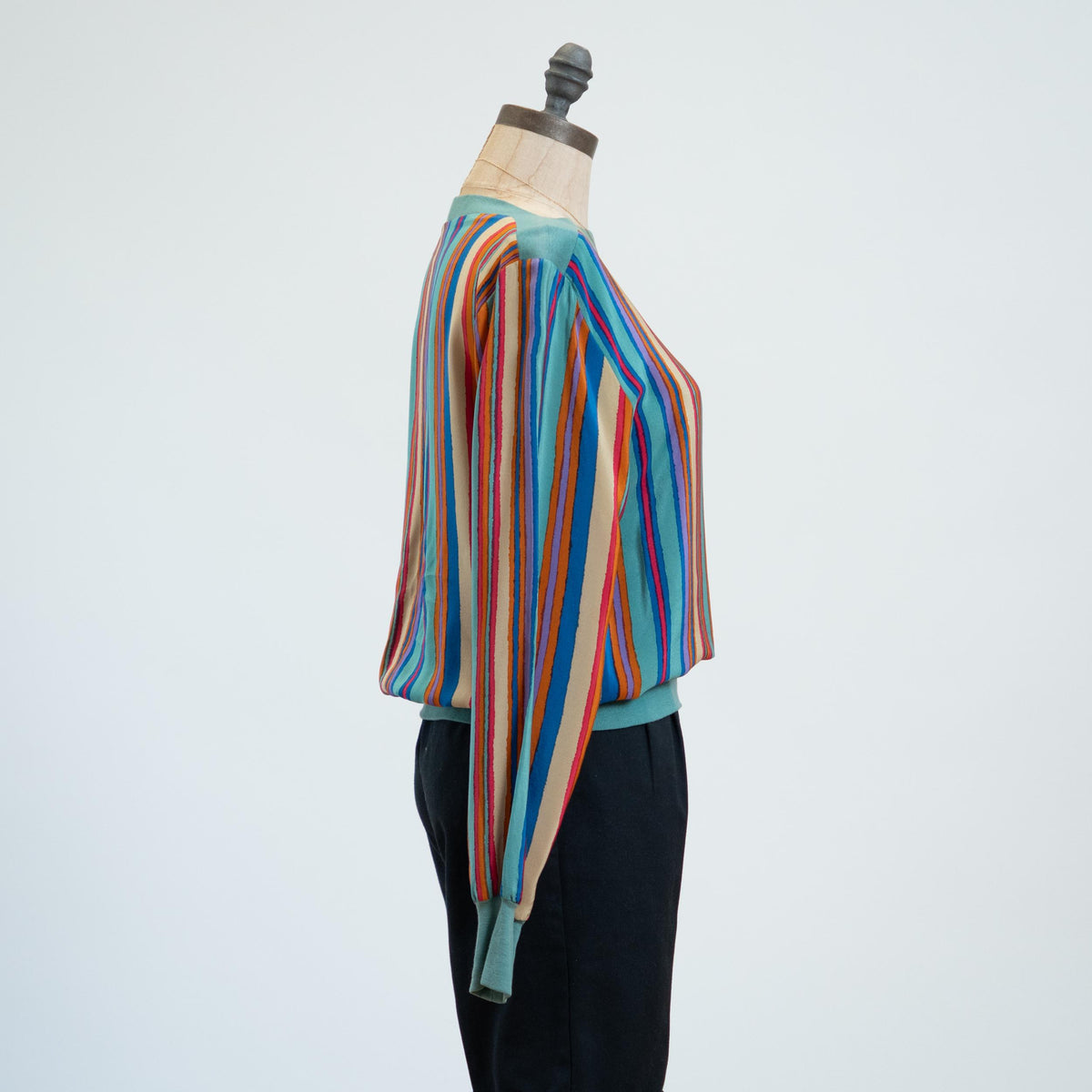 Vintage 80s Jeweled Tone Striped Silk Blouson Top - Medium | Long Sleeve Boatneck Blouse