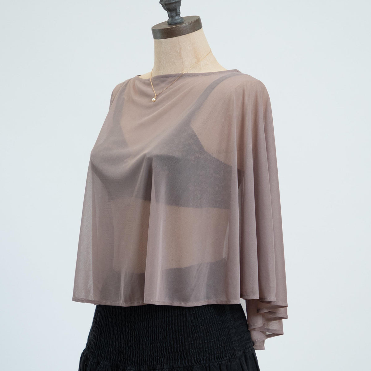 Vintage 90s Taupe Chiffon Capelet - Medium | Sheer Open Back Cover Up Crop Top
