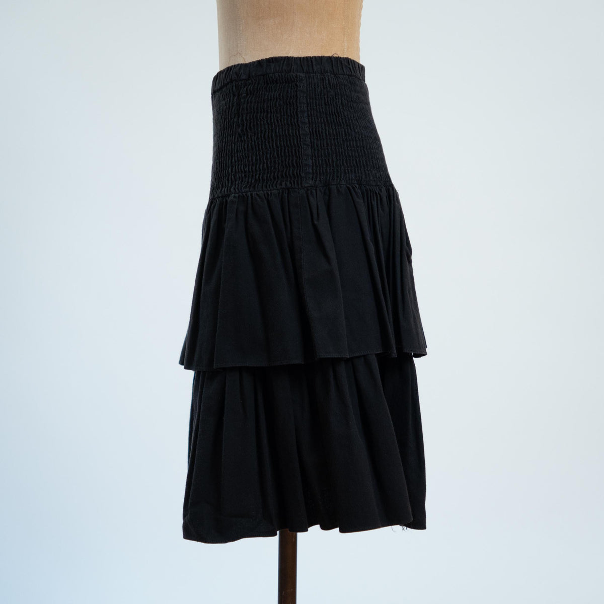 Vintage 80s Black Tiered Shirred Midi Skirt - Medium | High Waisted Cotton Skirt