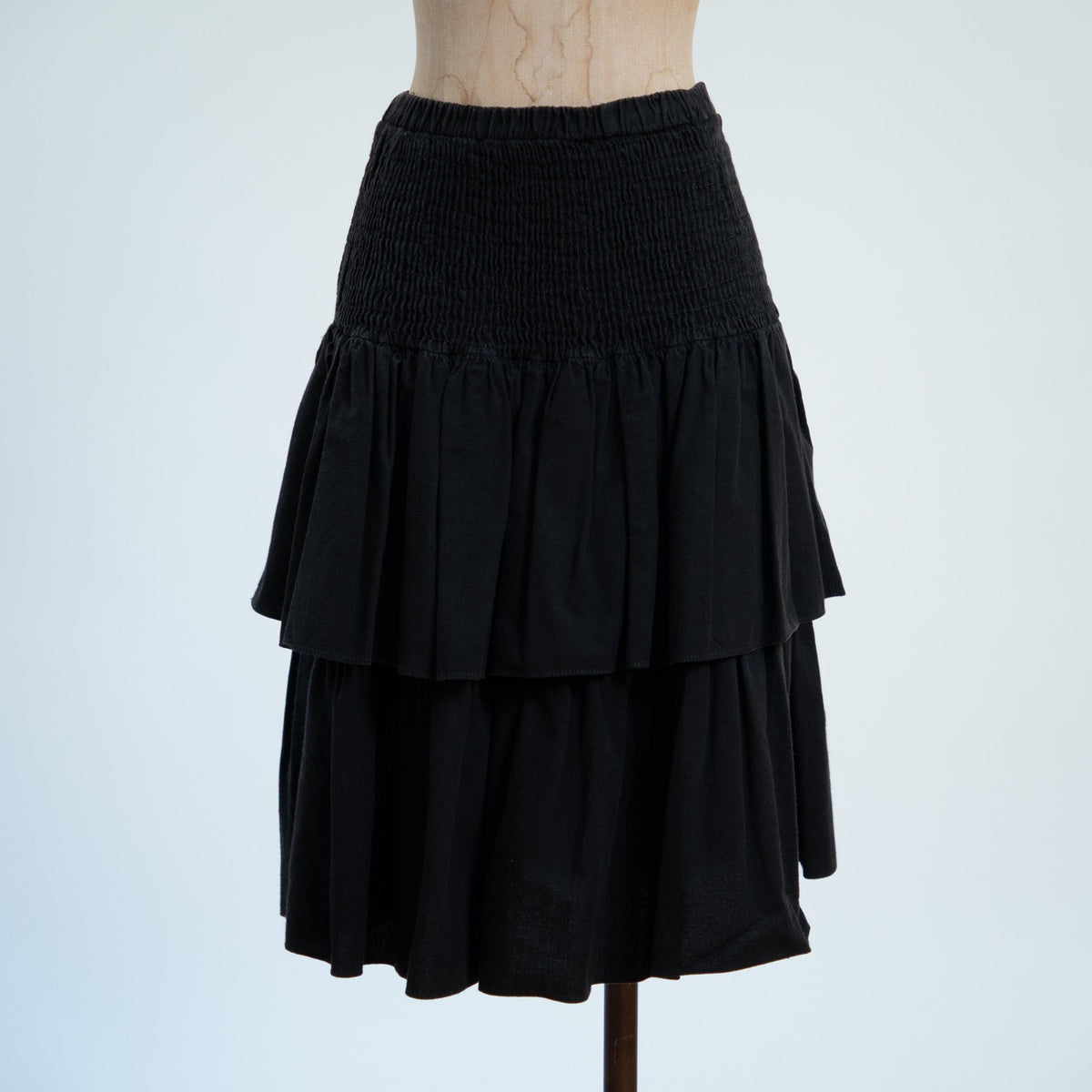 Vintage 80s Black Tiered Shirred Midi Skirt - Medium | High Waisted Cotton Skirt