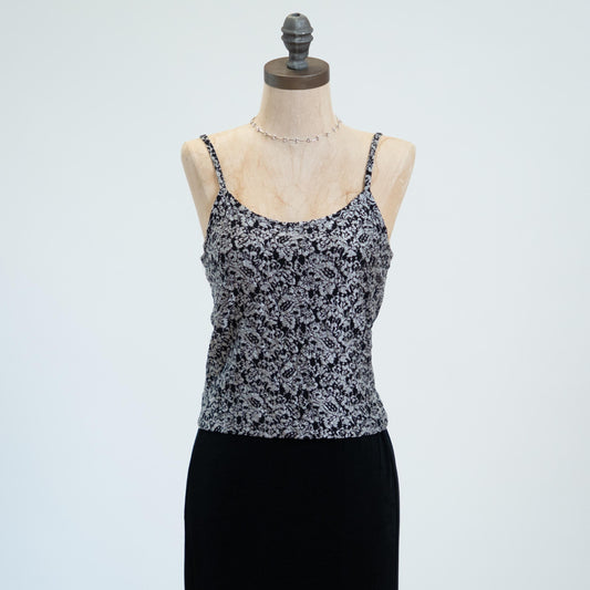 Vintage 90s Silver & Black Lace Cami Crop Top - Medium | Goth Spaghetti Strap Tank