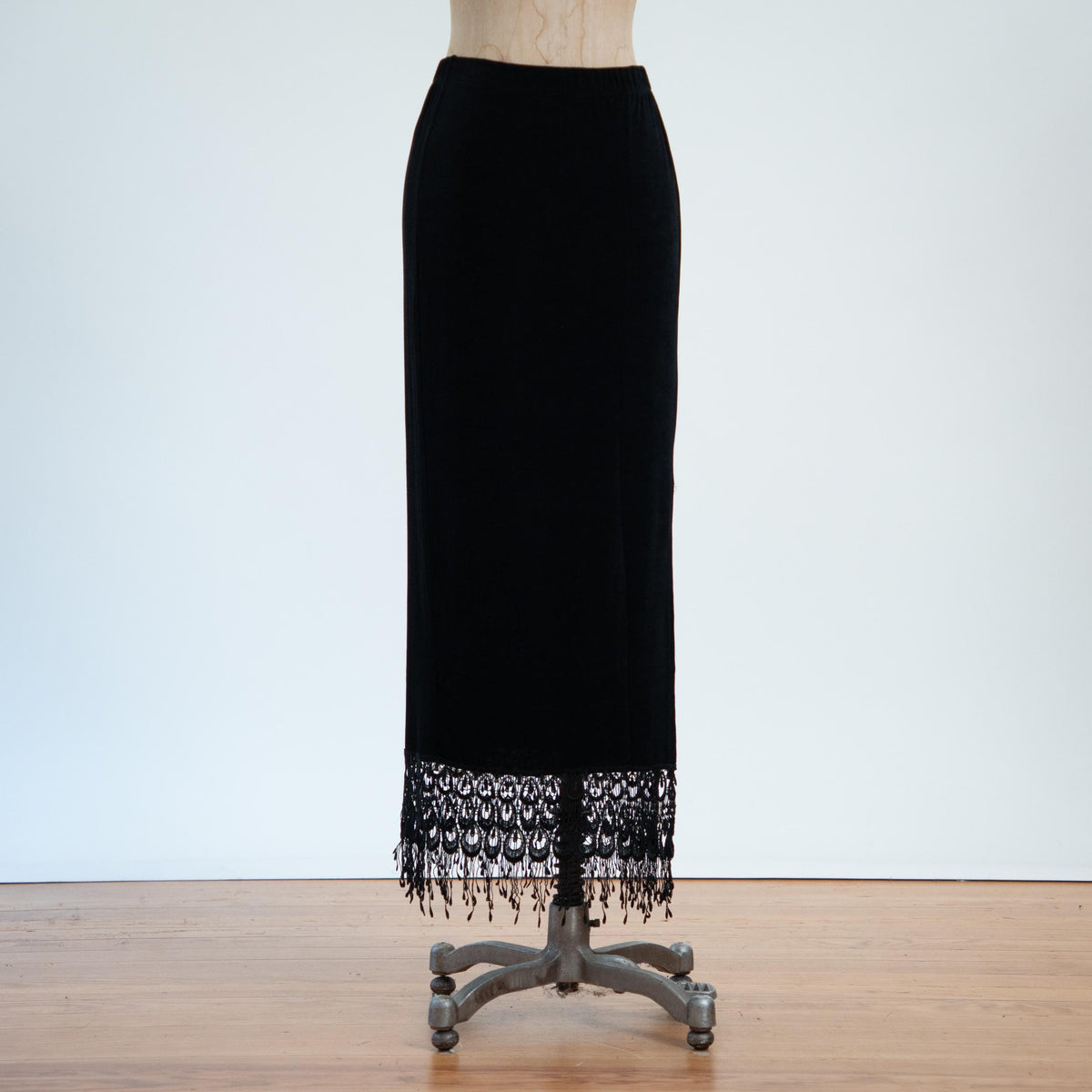 Vintage 90s Slinky Black Fringe Maxi Skirt - Medium to Large | Whimsigoth Stretchy High Waisted Long Skirt