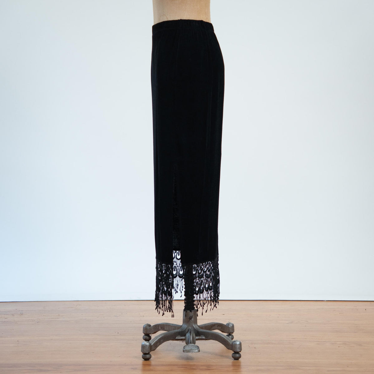 Vintage 90s Slinky Black Fringe Maxi Skirt - Medium to Large | Whimsigoth Stretchy High Waisted Long Skirt