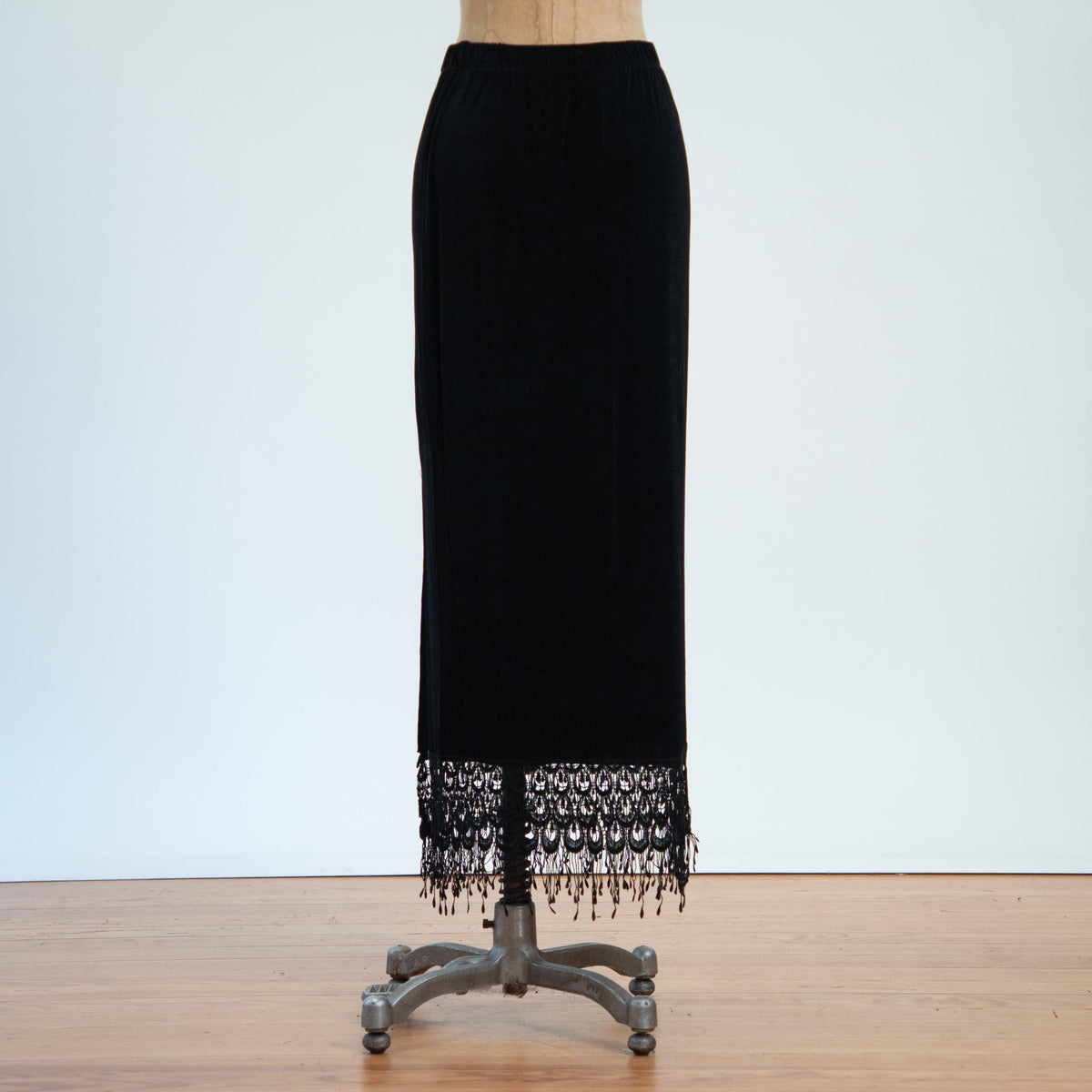 Vintage 90s Slinky Black Fringe Maxi Skirt - Medium to Large | Whimsigoth Stretchy High Waisted Long Skirt