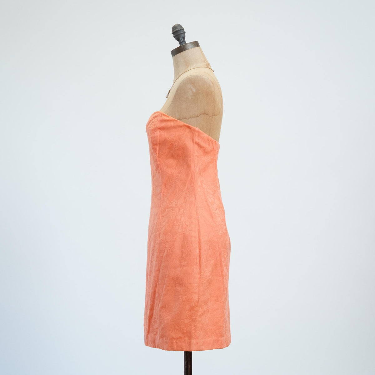 Vintage 80s Peach Jacquard Strapless Mini Dress - Medium | AJ Bari Cocktail Party Dress