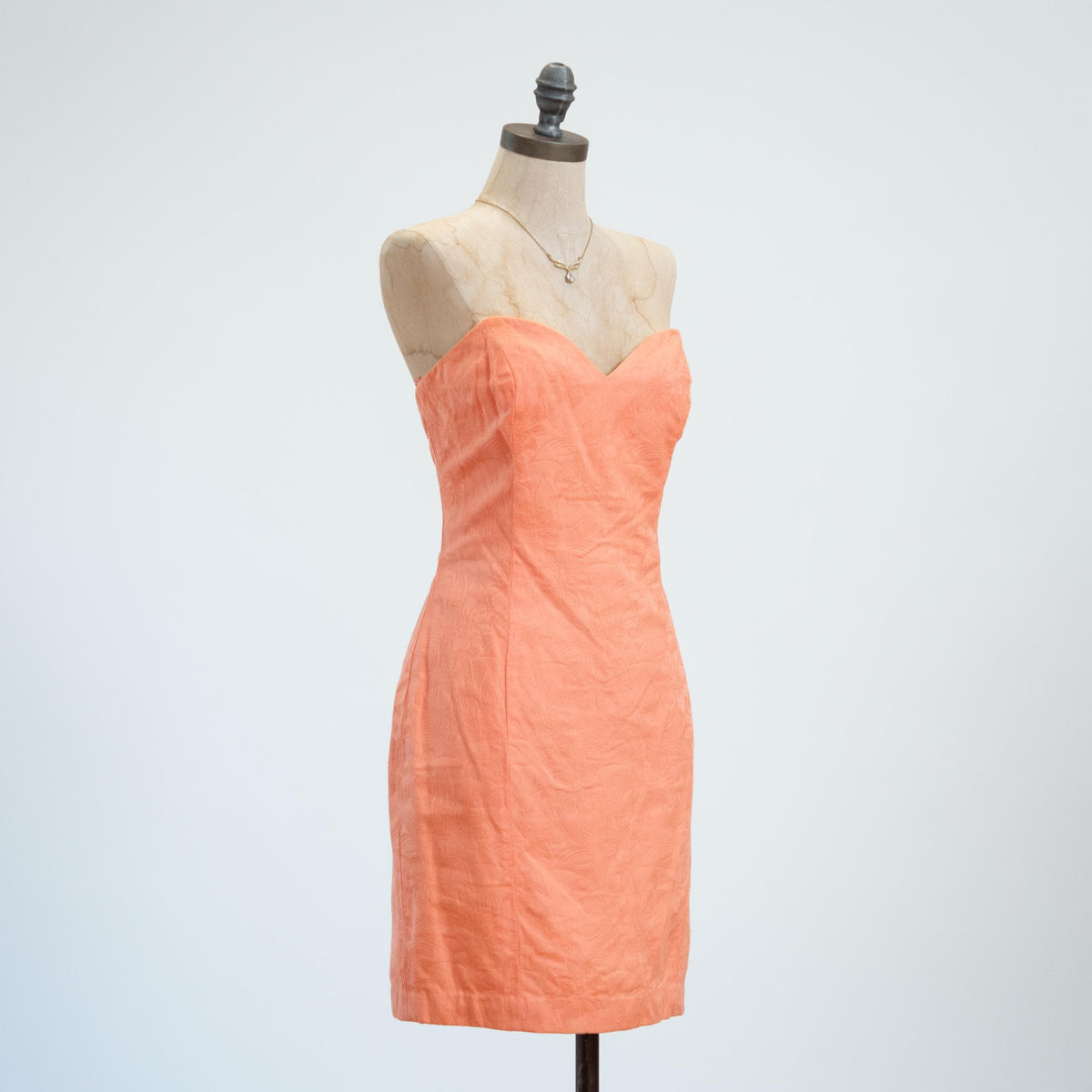 Vintage 80s Peach Jacquard Strapless Mini Dress - Medium | AJ Bari Cocktail Party Dress