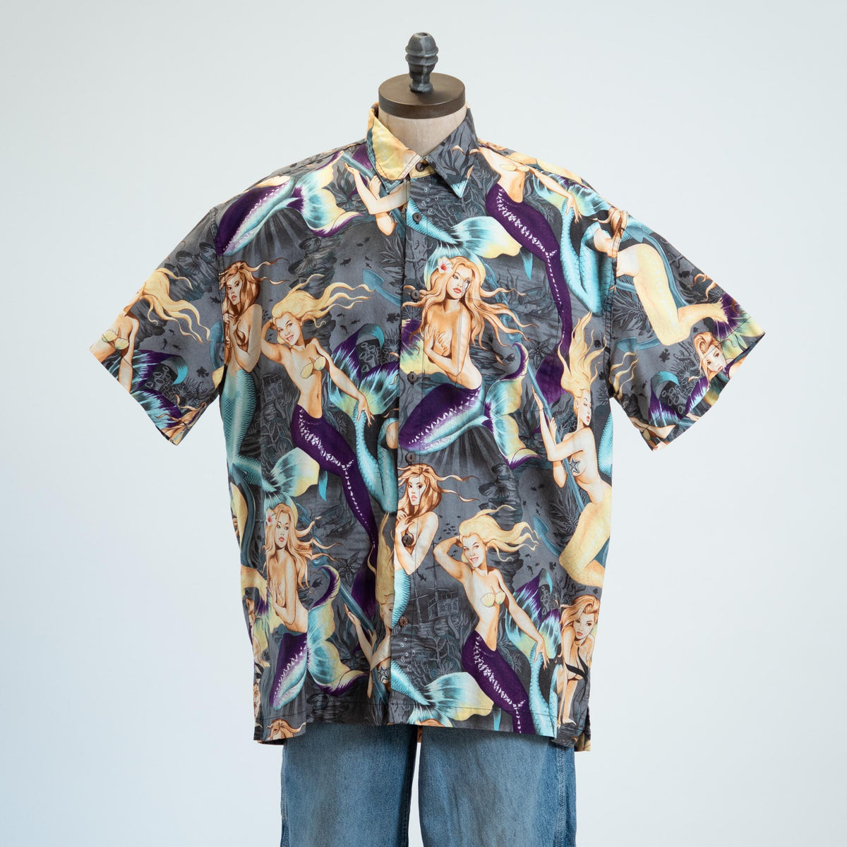 Vintage 90s Mermaid Print Black Cotton Aloha Shirt - Extra Large | High Seas Trading Co Novelty Top