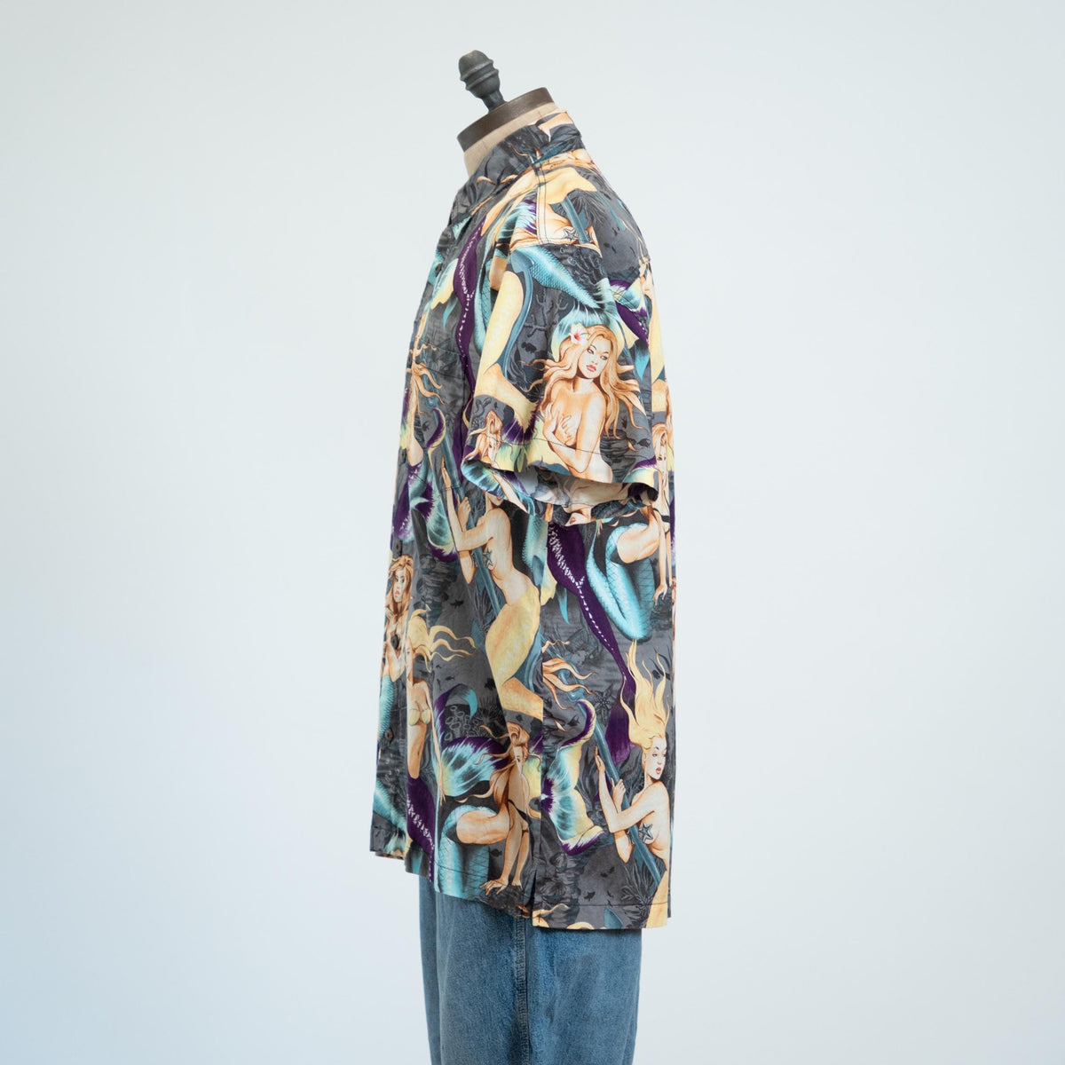 Vintage 90s Mermaid Print Black Cotton Aloha Shirt - Extra Large | High Seas Trading Co Novelty Top