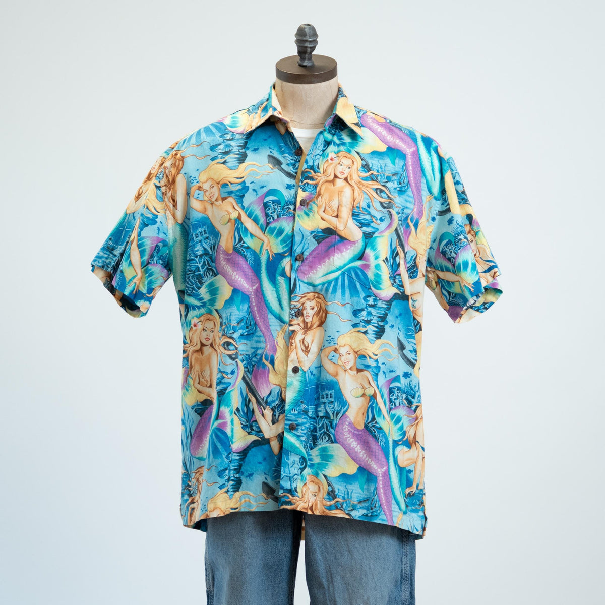 Vintage 90s Mermaid Print Blue Cotton Aloha Shirt - Extra Large | High Seas Trading Co Novelty Top