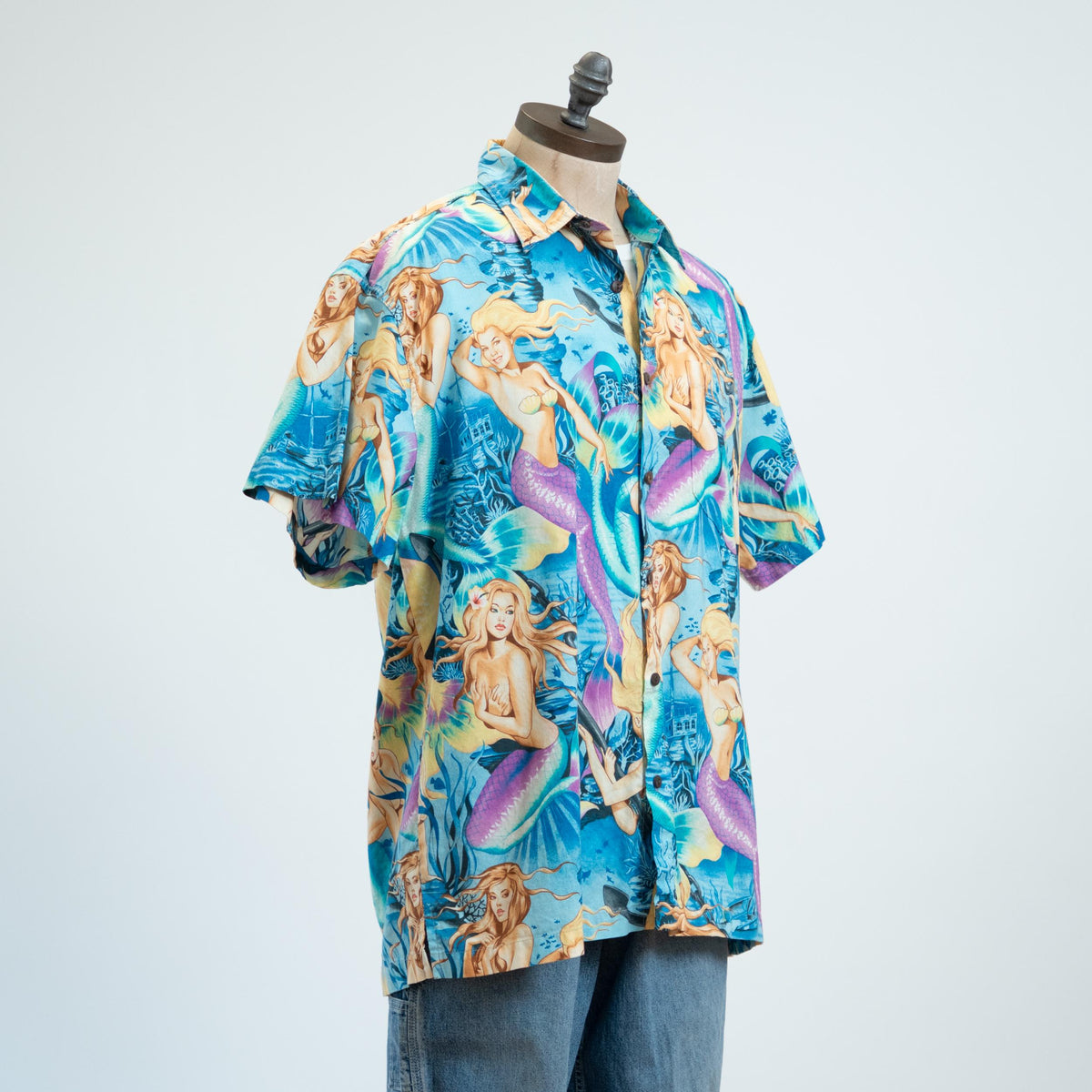 Vintage 90s Mermaid Print Blue Cotton Aloha Shirt - Extra Large | High Seas Trading Co Novelty Top
