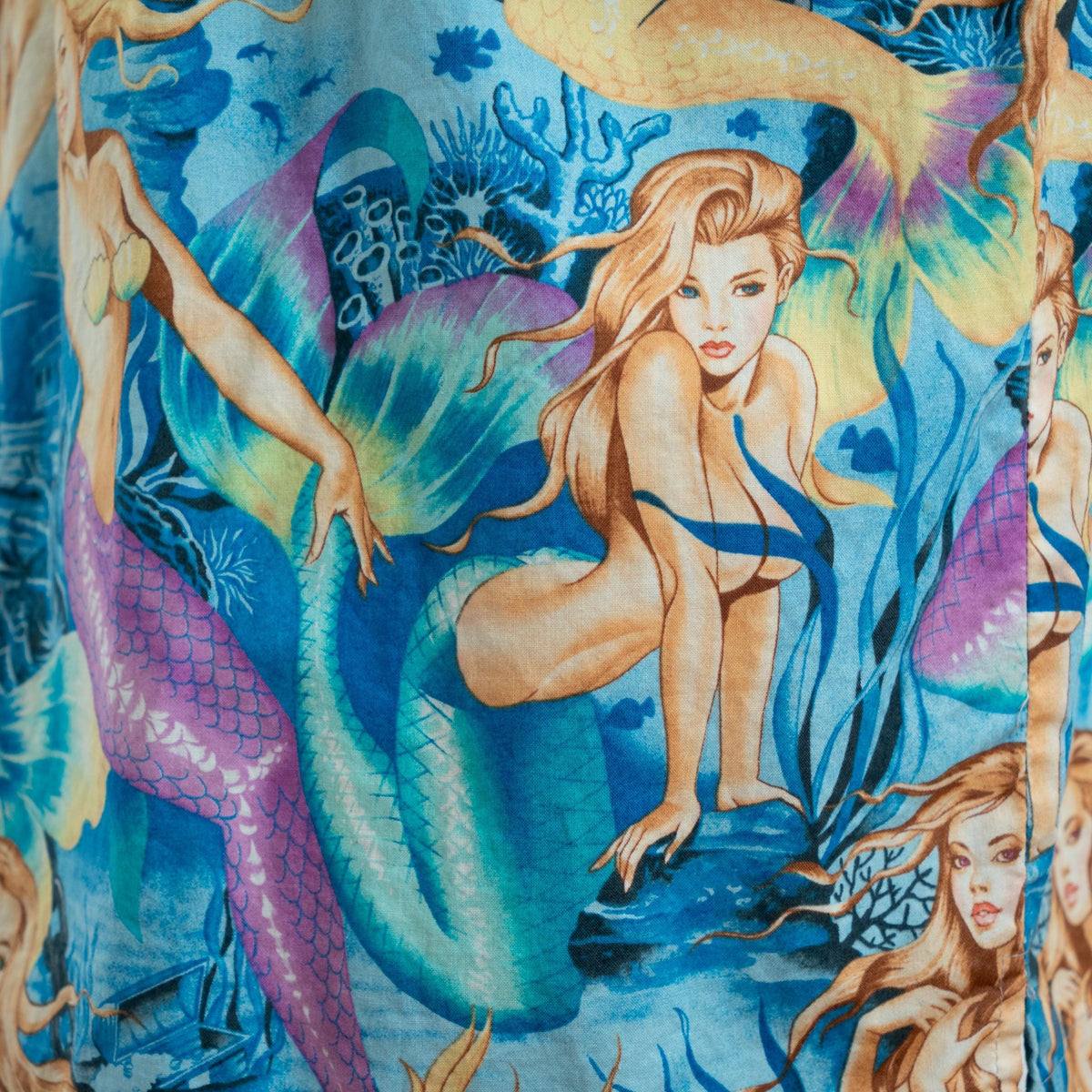 Vintage 90s Mermaid Print Blue Cotton Aloha Shirt - Extra Large | High Seas Trading Co Novelty Top