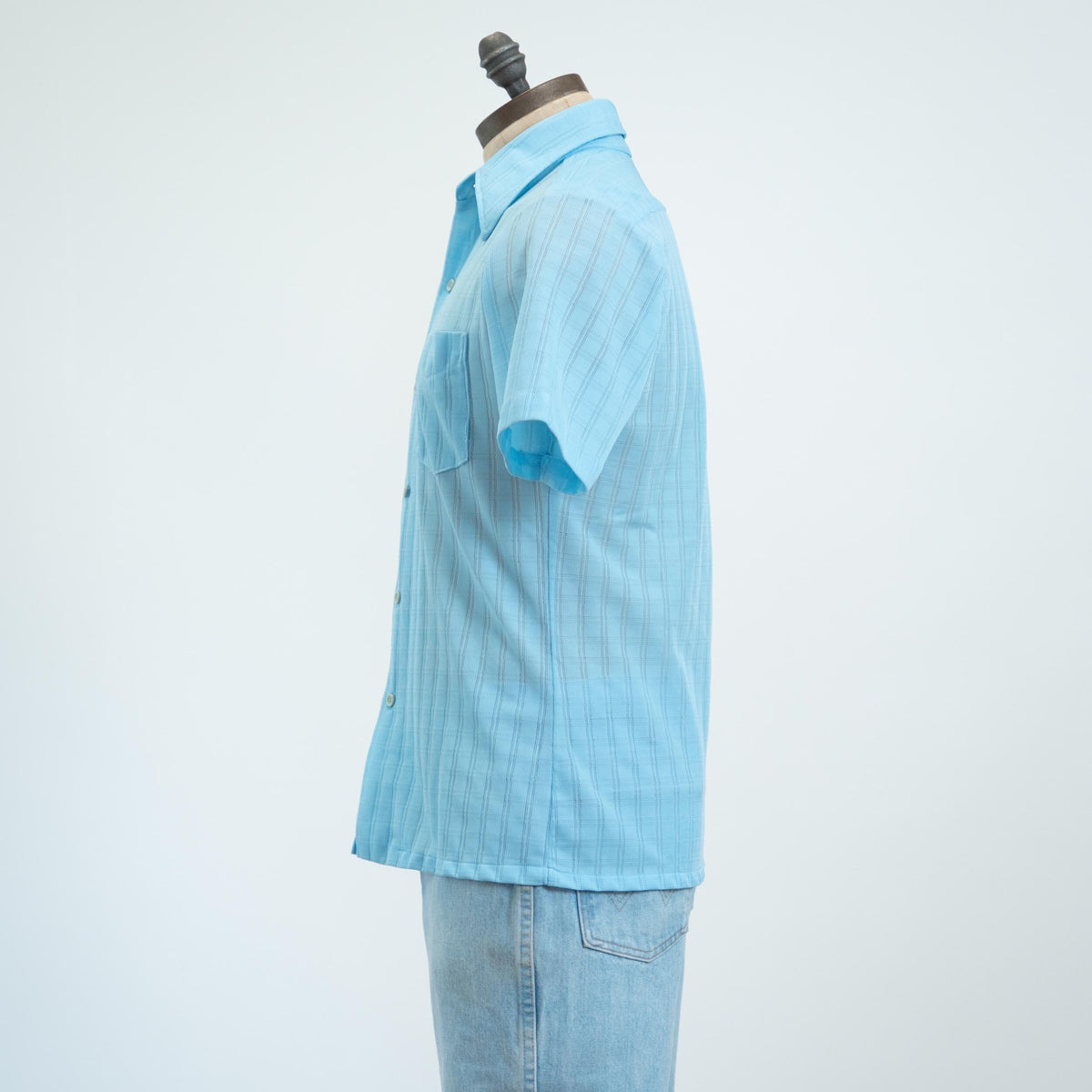 Vintage 70s Sky Blue Open Weave Collared Shirt - Medium | Retro Button Up Short Sleeve Rockabilly Top