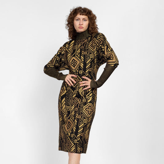 Small 80s Hanae Mori Black & Gold Silk Greek Key Print Dress Size 6