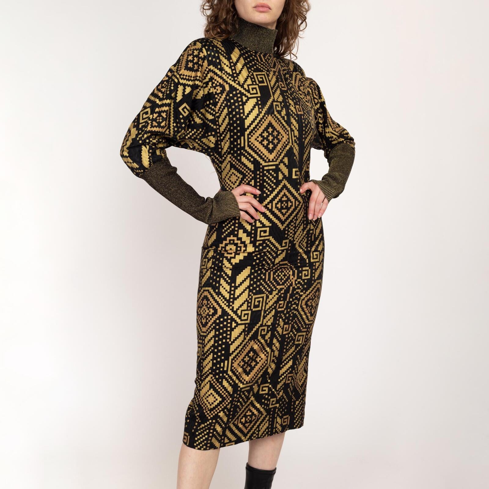 Small 80s Hanae Mori Black & Gold Silk Greek Key Print Dress Size 6