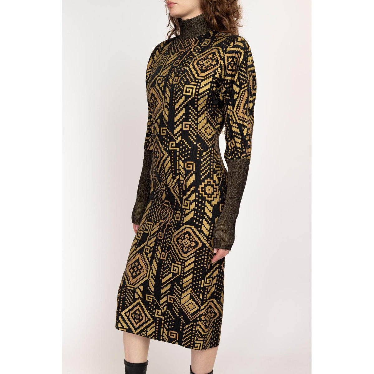 Small 80s Hanae Mori Black & Gold Silk Greek Key Print Dress Size 6