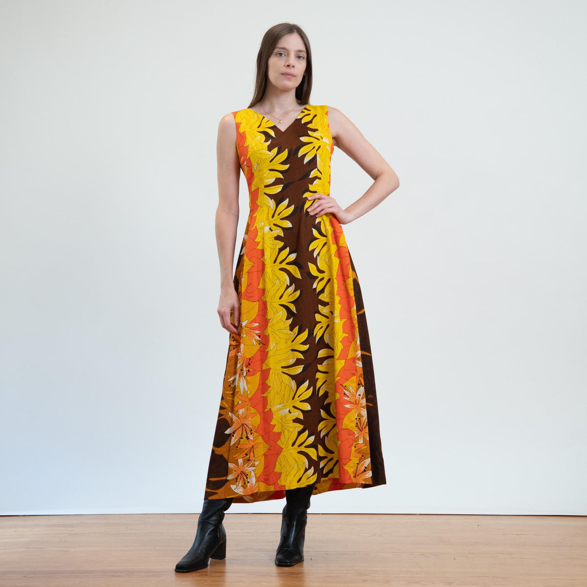 Vintage 60s Tropical Fall Floral Hawaiian Watteau Dress - Extra Small | Resort Wear Draped Back Kaftan Sundress