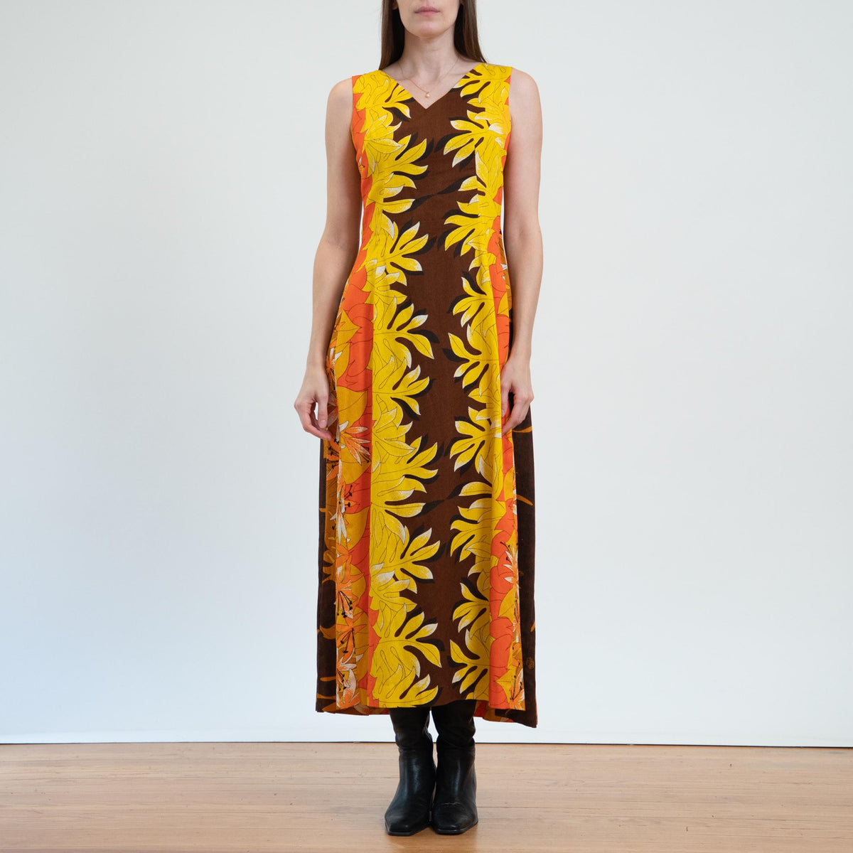 Vintage 60s Tropical Fall Floral Hawaiian Watteau Dress - Extra Small | Resort Wear Draped Back Kaftan Sundress