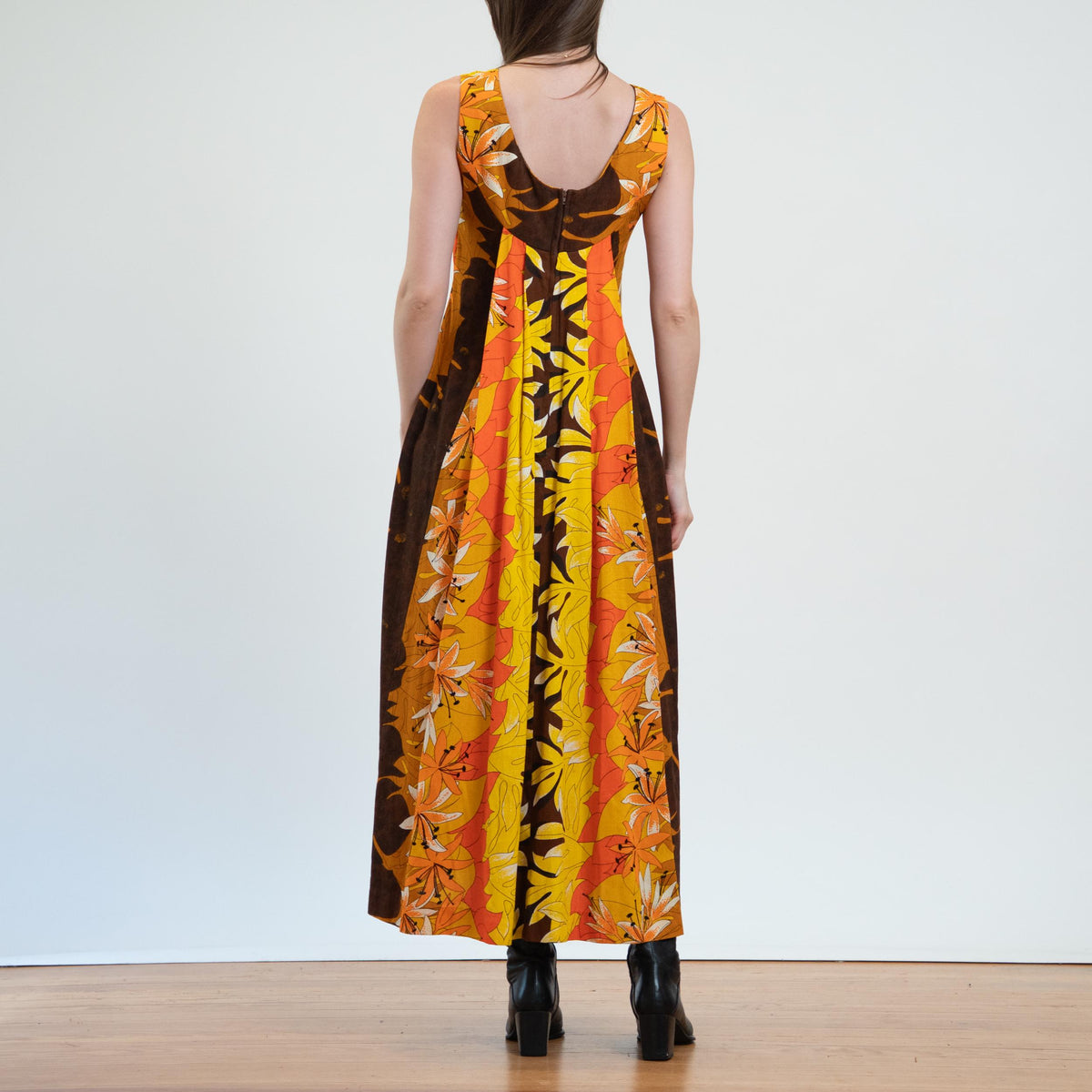 Vintage 60s Tropical Fall Floral Hawaiian Watteau Dress - Extra Small | Resort Wear Draped Back Kaftan Sundress