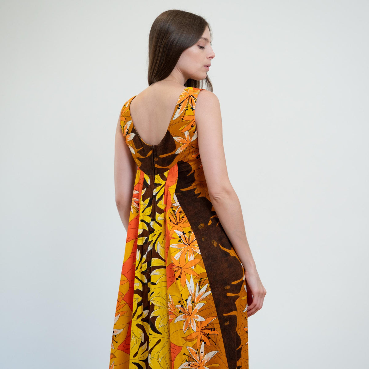 Vintage 60s Tropical Fall Floral Hawaiian Watteau Dress - Extra Small | Resort Wear Draped Back Kaftan Sundress
