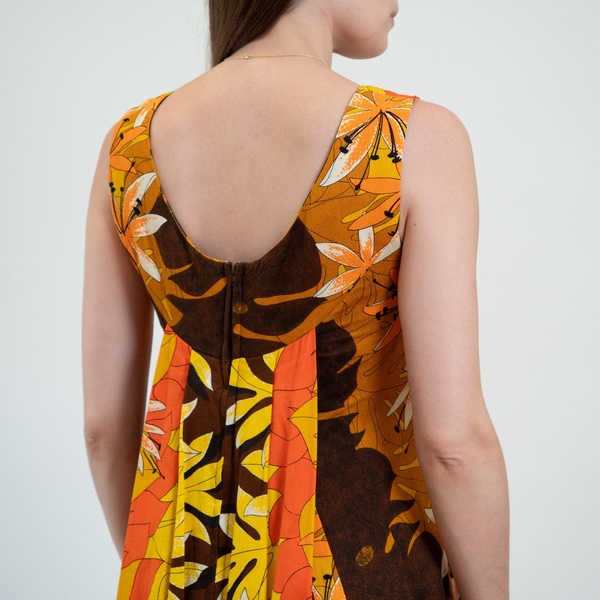 Vintage 60s Tropical Fall Floral Hawaiian Watteau Dress - Extra Small | Resort Wear Draped Back Kaftan Sundress