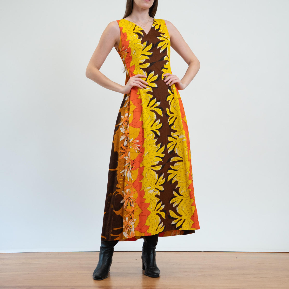 Vintage 60s Tropical Fall Floral Hawaiian Watteau Dress - Extra Small | Resort Wear Draped Back Kaftan Sundress