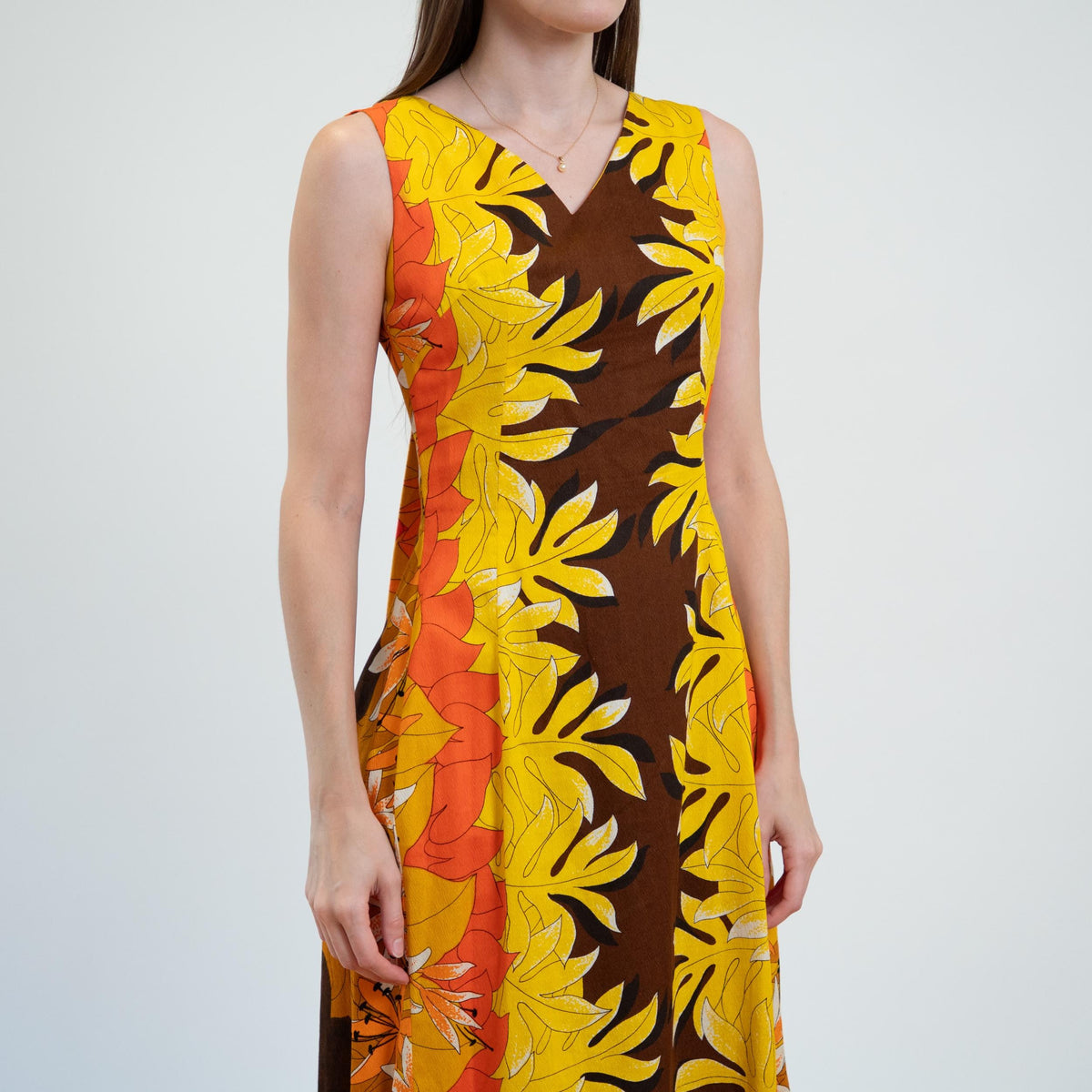 Vintage 60s Tropical Fall Floral Hawaiian Watteau Dress - Extra Small | Resort Wear Draped Back Kaftan Sundress