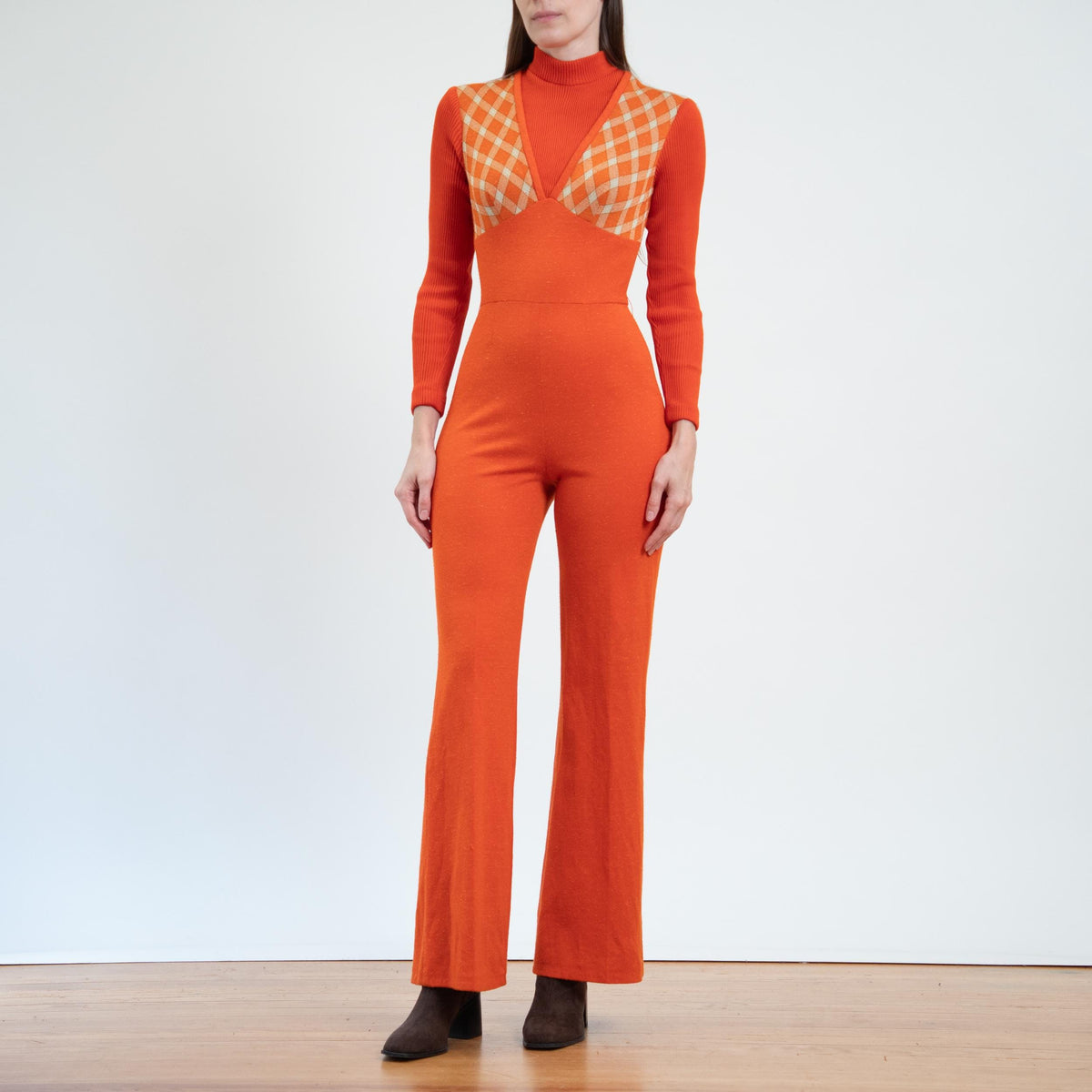 Vintage 70s Orange Plaid Flared Jumpsuit - Extra Small | Retro Disco Leisure Suit Pantsuit