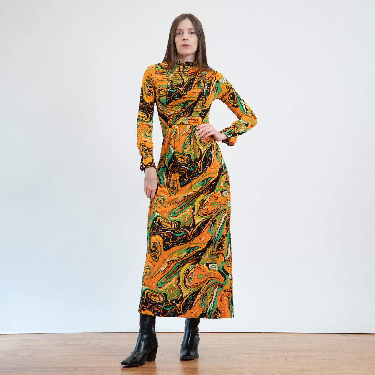 Vintage 60s 70s Psychedelic Orange Marbled Maxi Dress - Extra Small | Boho Long Sleeve Abstract Print Dress