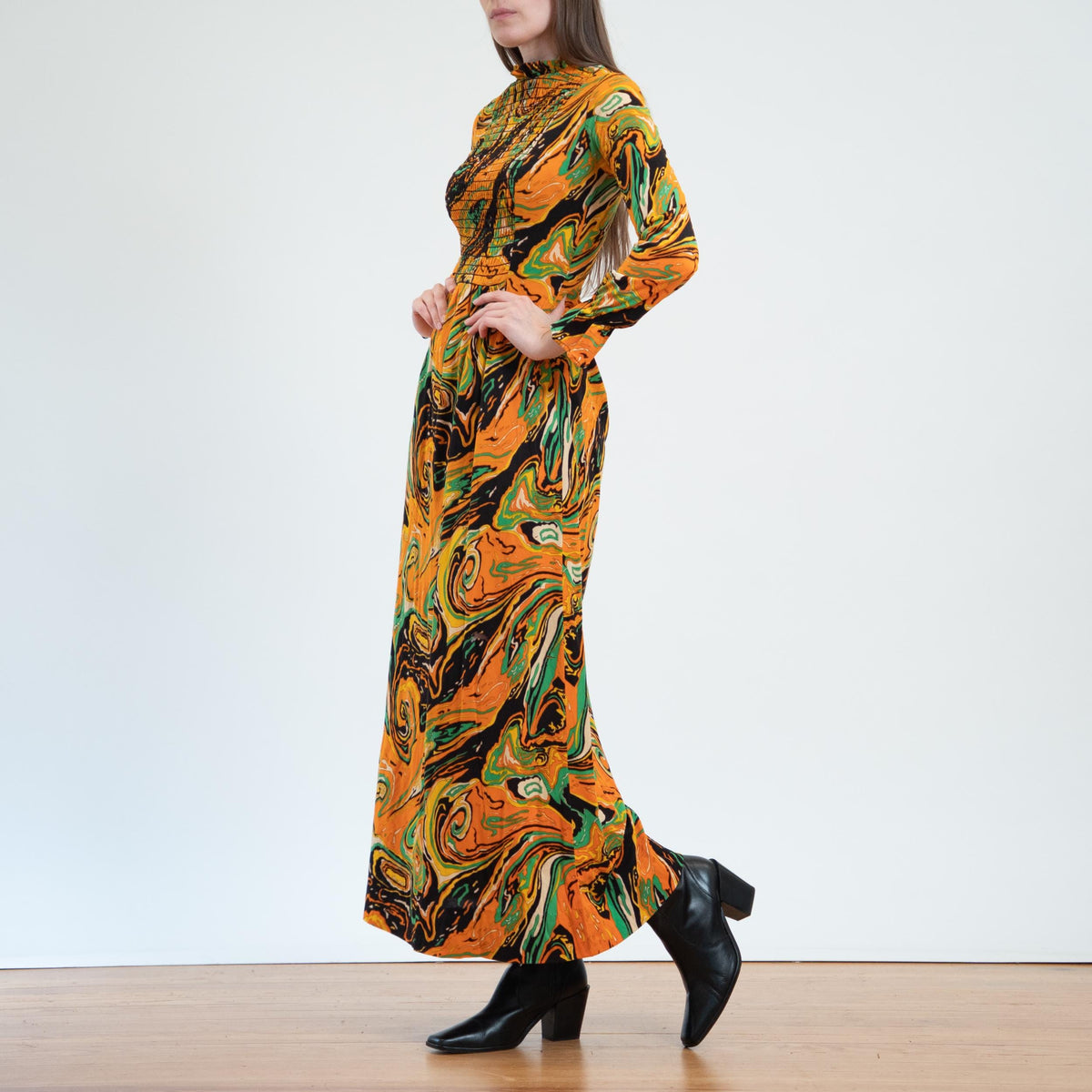 Vintage 60s 70s Psychedelic Orange Marbled Maxi Dress - Extra Small | Boho Long Sleeve Abstract Print Dress