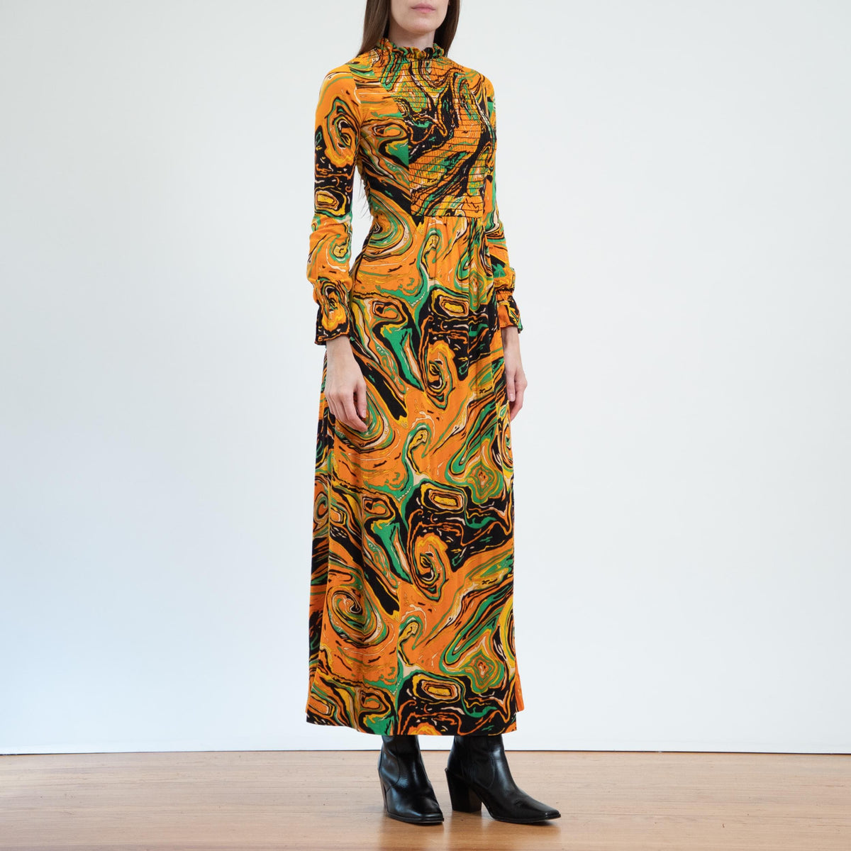Vintage 60s 70s Psychedelic Orange Marbled Maxi Dress - Extra Small | Boho Long Sleeve Abstract Print Dress