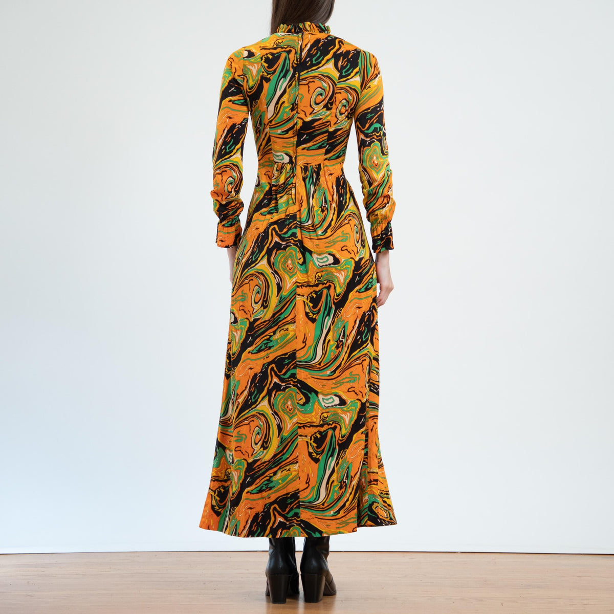 Vintage 60s 70s Psychedelic Orange Marbled Maxi Dress - Extra Small | Boho Long Sleeve Abstract Print Dress