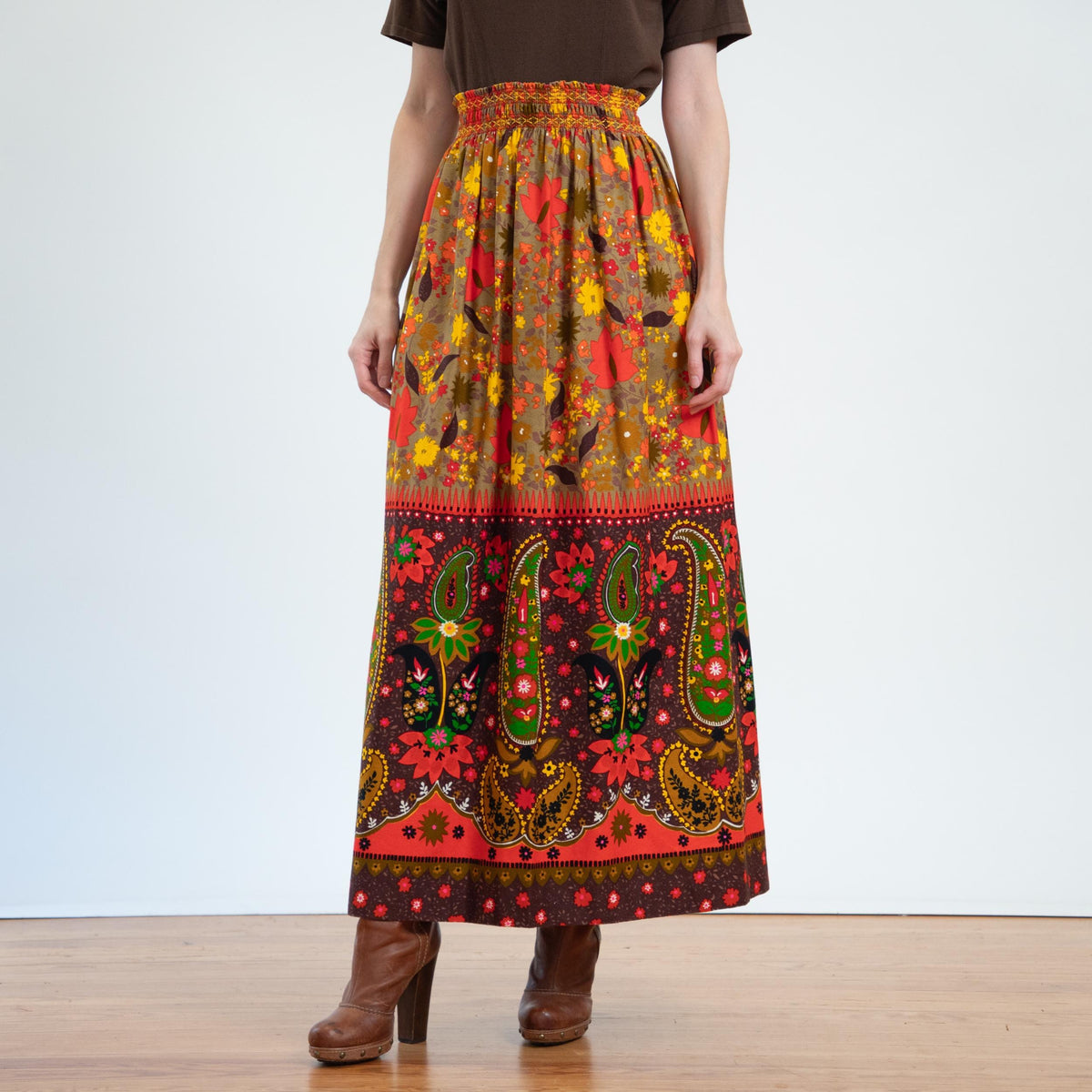 Vintage 70s Hawaiian Flower Power Maxi Skirt - Small to Medium | Boho Barkcloth Long Hostess Skirt