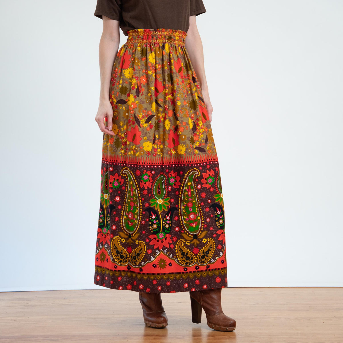 Vintage 70s Hawaiian Flower Power Maxi Skirt - Small to Medium | Boho Barkcloth Long Hostess Skirt