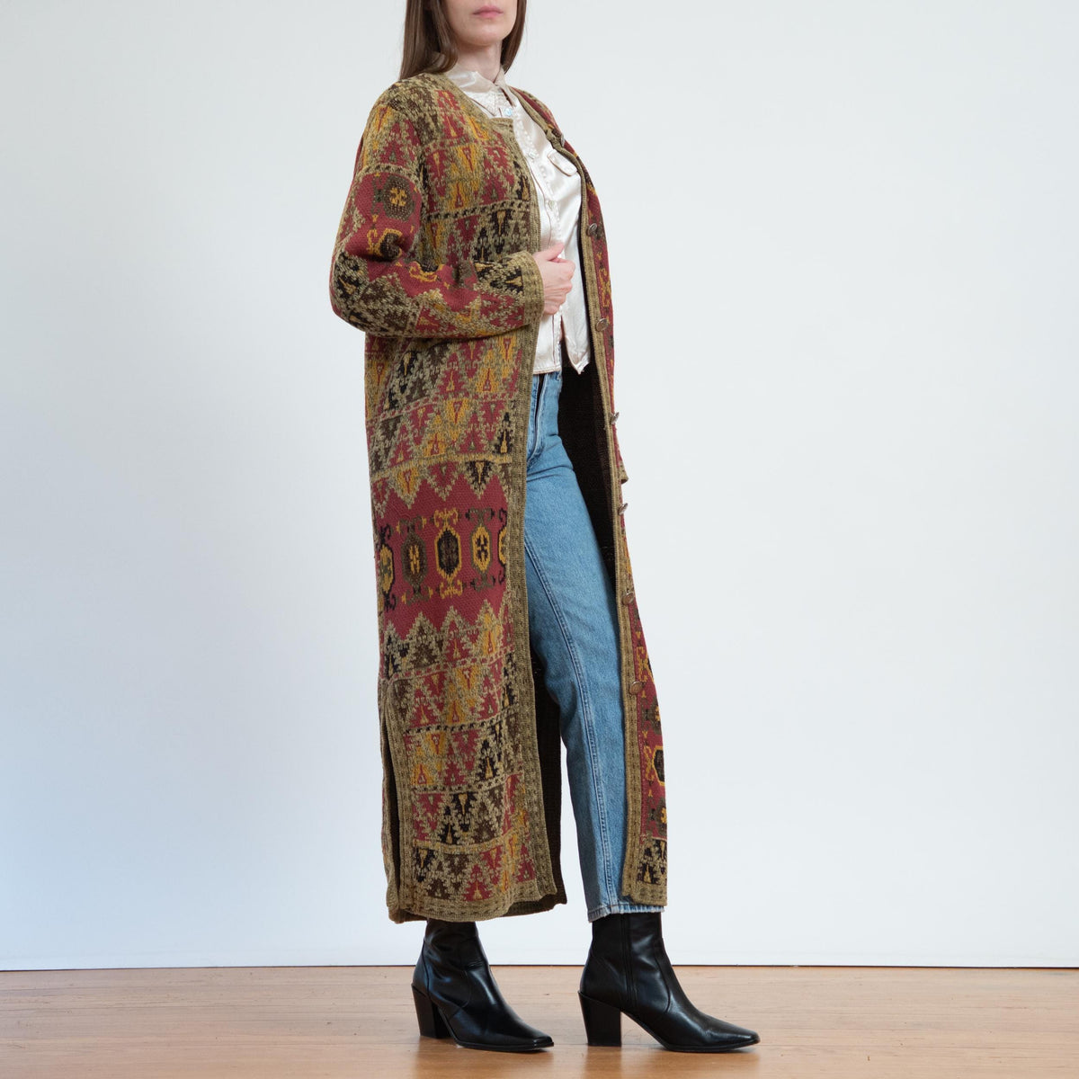 Vintage 90s Chenille Tapestry Duster Cardigan - Small | Boho Soft Surroundings Long Sweater Jacket