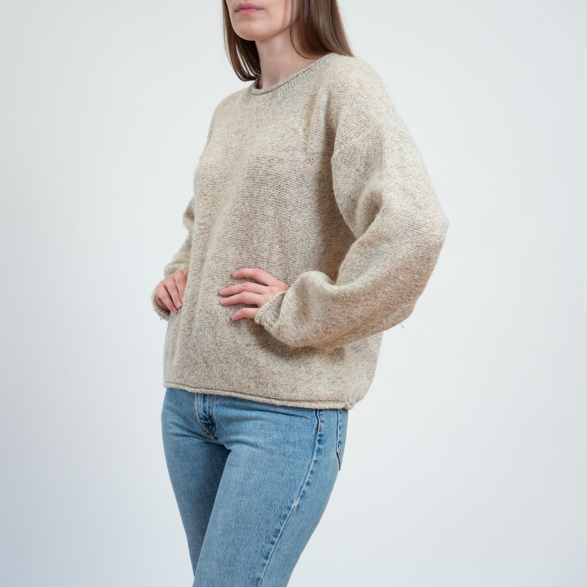Vintage 90s Y2K Woolrich Oatmeal Roll Neck Sweater - Small | Wool Knit Drop Shoulder Pullover